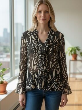 Style & Co. Black and White Abstract Ruffle-Front Blouse